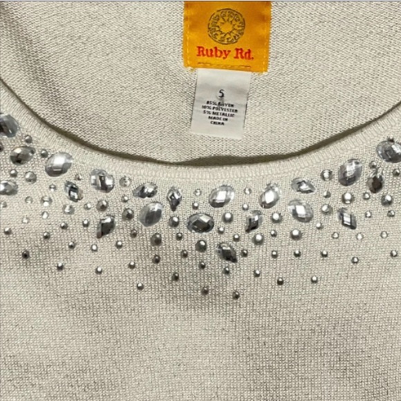 Ruby Rd Lightweight White Sweater with Silver Threads & Crystal Embellishments - Picture 3 of 4